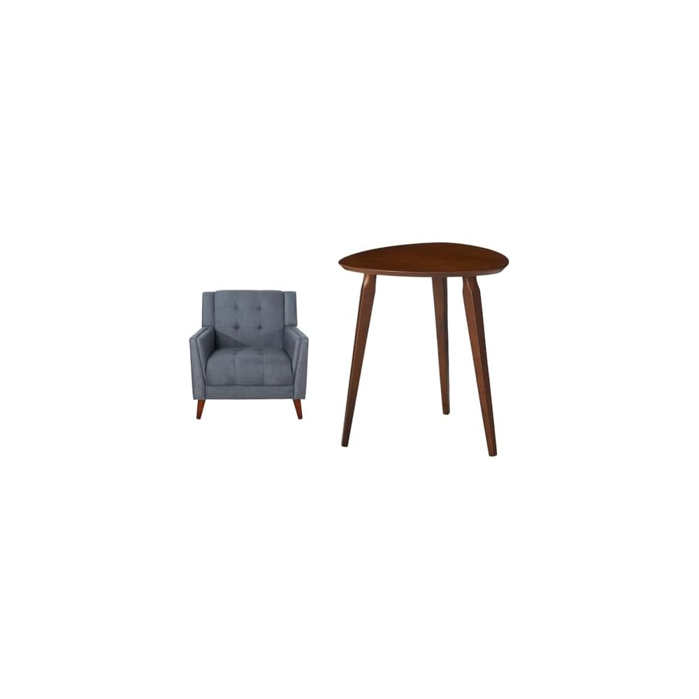Christopher Knight Home Evelyn Mid Century Modern Fabric Arm Chair, Dark Gray, Walnut & Belle Knitted Cotton Pouf, Yellow