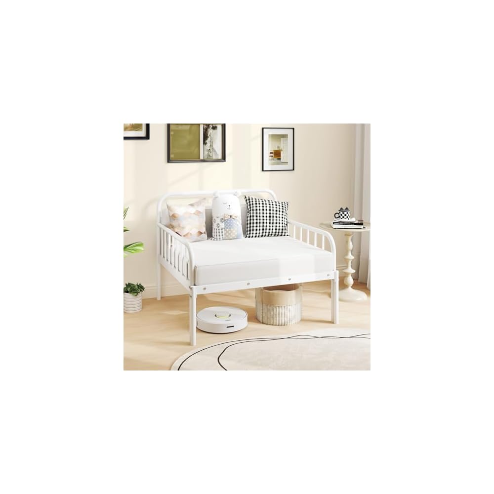 GIANTEX Metal Twin Bed Frame, Convertible Sofa Bed with Headboard & Armrests, Pull-Out Sleeper Chair Bed for Small Spaces Dorm Guest Apartment, Suitable for Folding Sofa Mattress, White