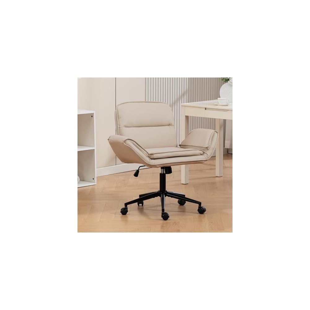 Criss Cross Chair with Armrests & Wheels, PU Leather Vanity Chair, Comfortable Adjustable Swivel Computer Office Desk Chairs for Home, Make Up, Bed Room (PU, Beige)