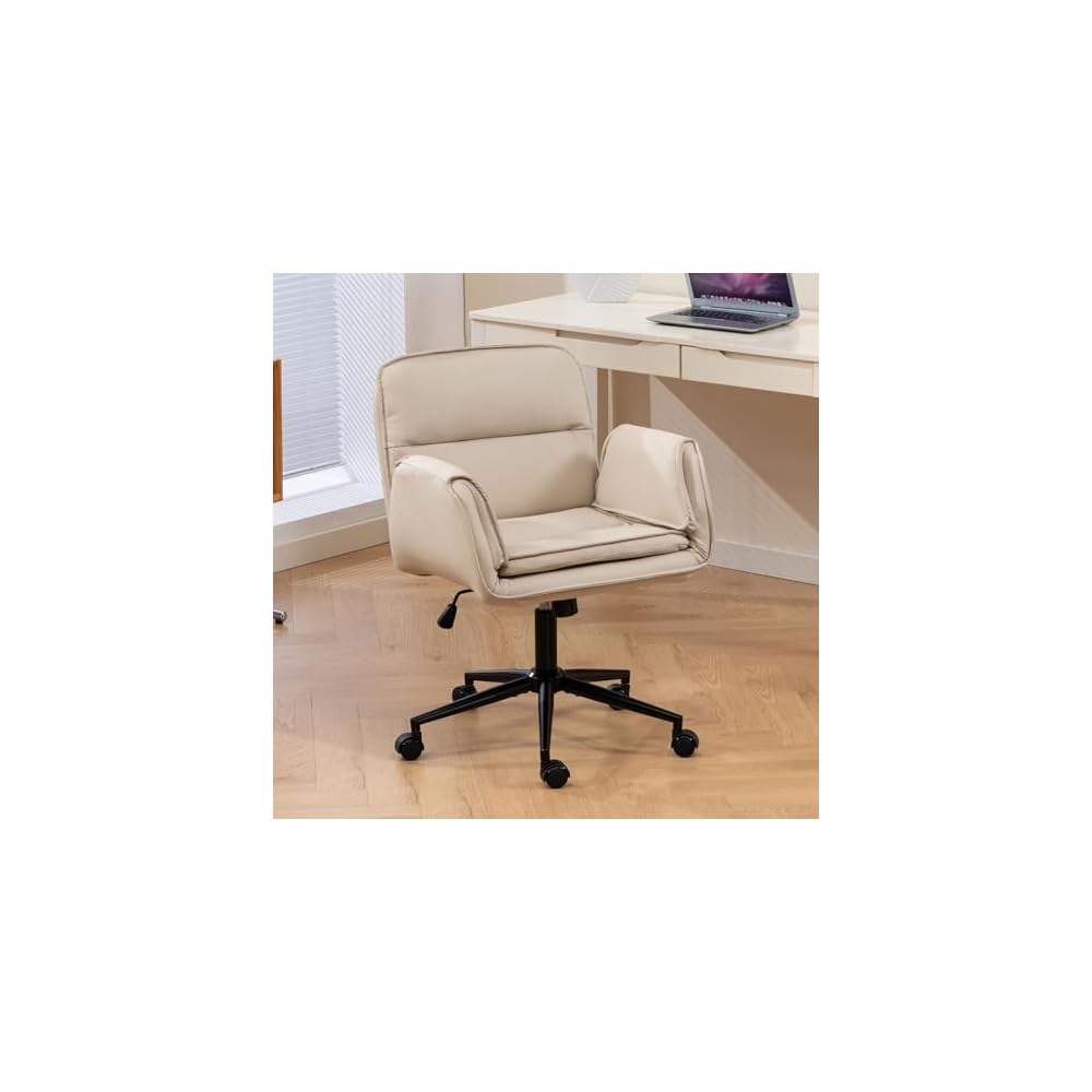 Criss Cross Chair with Armrests & Wheels, PU Leather Vanity Chair, Comfortable Adjustable Swivel Computer Office Desk Chairs for Home, Make Up, Bed Room (PU, Beige)