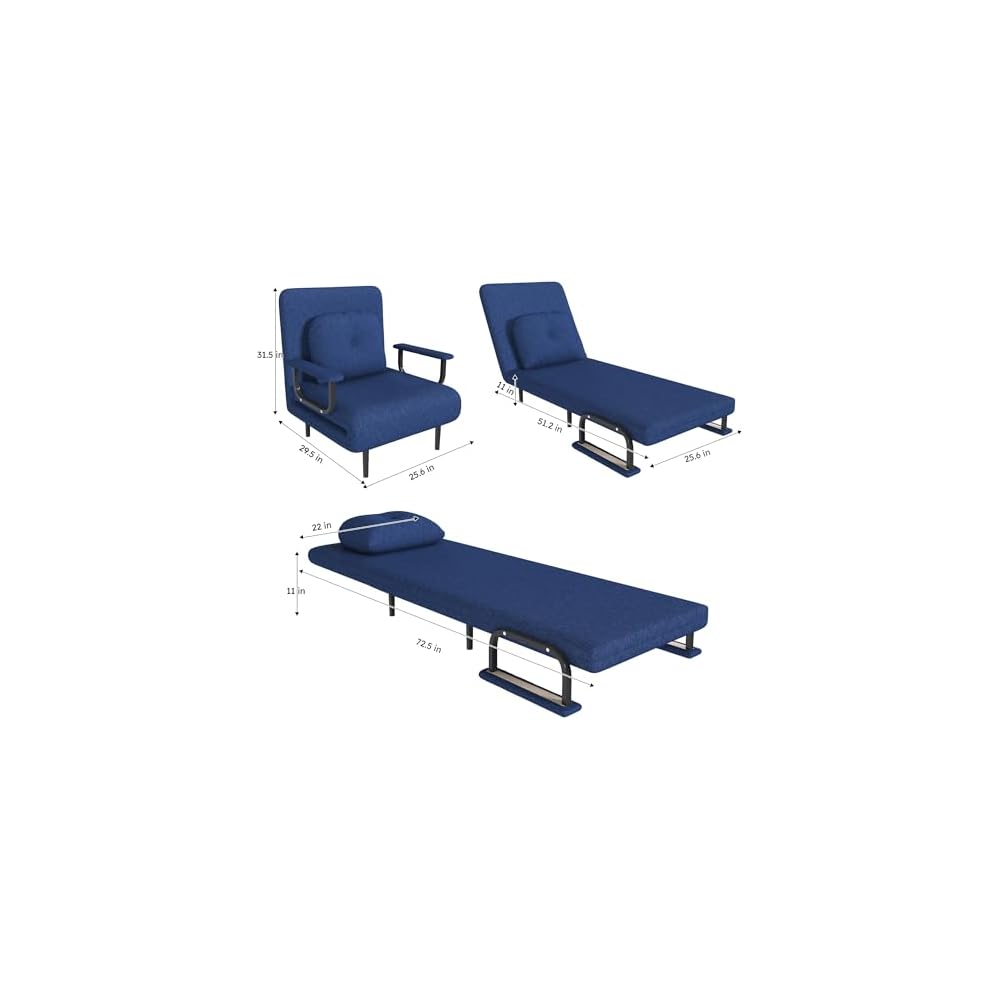 3 in 1 Convertible Sleeper Chair, Folding Futon Chair Bed Sleeper for Adults, Comfy Single Sofa Bed Chairs with 5-Position Adjustable Backrest & Pillow for Small Spaces Living Room Bedroom (Blue)