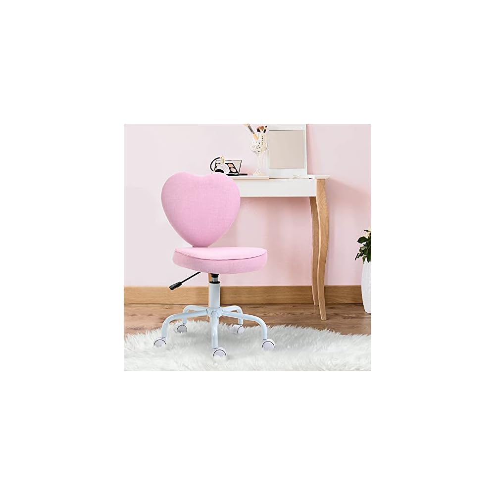 Cute Pink Heart-Shaped Rolling Office Chair - Height Adjustable, 5 Nylon Casters, Comfortable Padded Seat for Home or Dorm Room