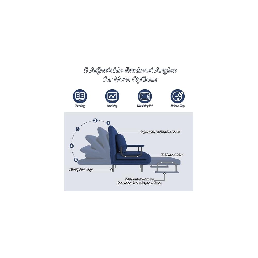 3 in 1 Convertible Sleeper Chair, Folding Futon Chair Bed Sleeper for Adults, Comfy Single Sofa Bed Chairs with 5-Position Adjustable Backrest & Pillow for Small Spaces Living Room Bedroom (Blue)