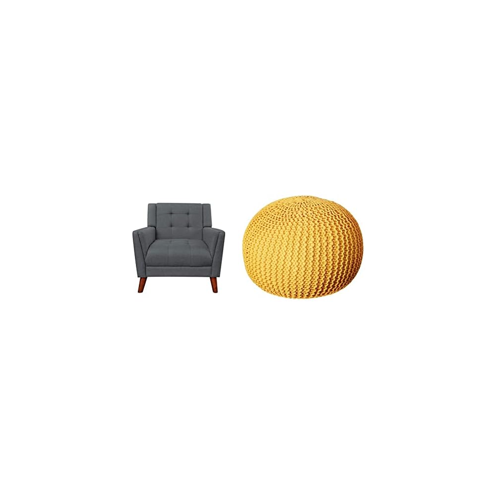 Christopher Knight Home Evelyn Mid Century Modern Fabric Arm Chair, Dark Gray, Walnut & Belle Knitted Cotton Pouf, Yellow