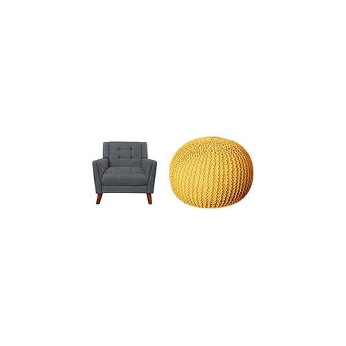 Christopher Knight Home Evelyn Mid Century Modern Fabric Arm Chair, Dark Gray, Walnut & Belle Knitted Cotton Pouf, Yellow