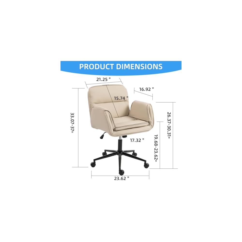 Criss Cross Chair with Armrests & Wheels, PU Leather Vanity Chair, Comfortable Adjustable Swivel Computer Office Desk Chairs for Home, Make Up, Bed Room (PU, Beige)
