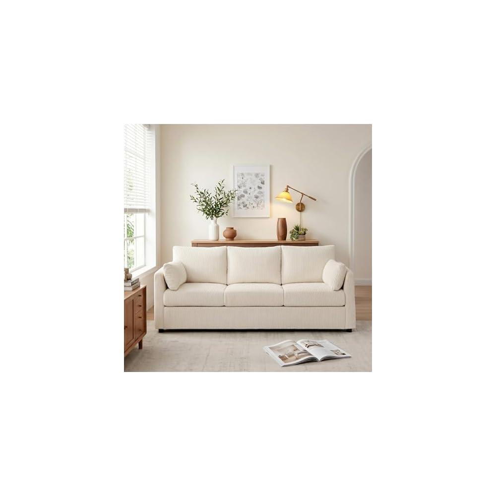 Mofolit 79" Couch Sofa for Living Room,Mid Century Modern Couches with Big Pockets, Corduroy Sofa with Three Cushions and Solid Wood Frame for Apartment and Small Spaces (Beige, Sofa)