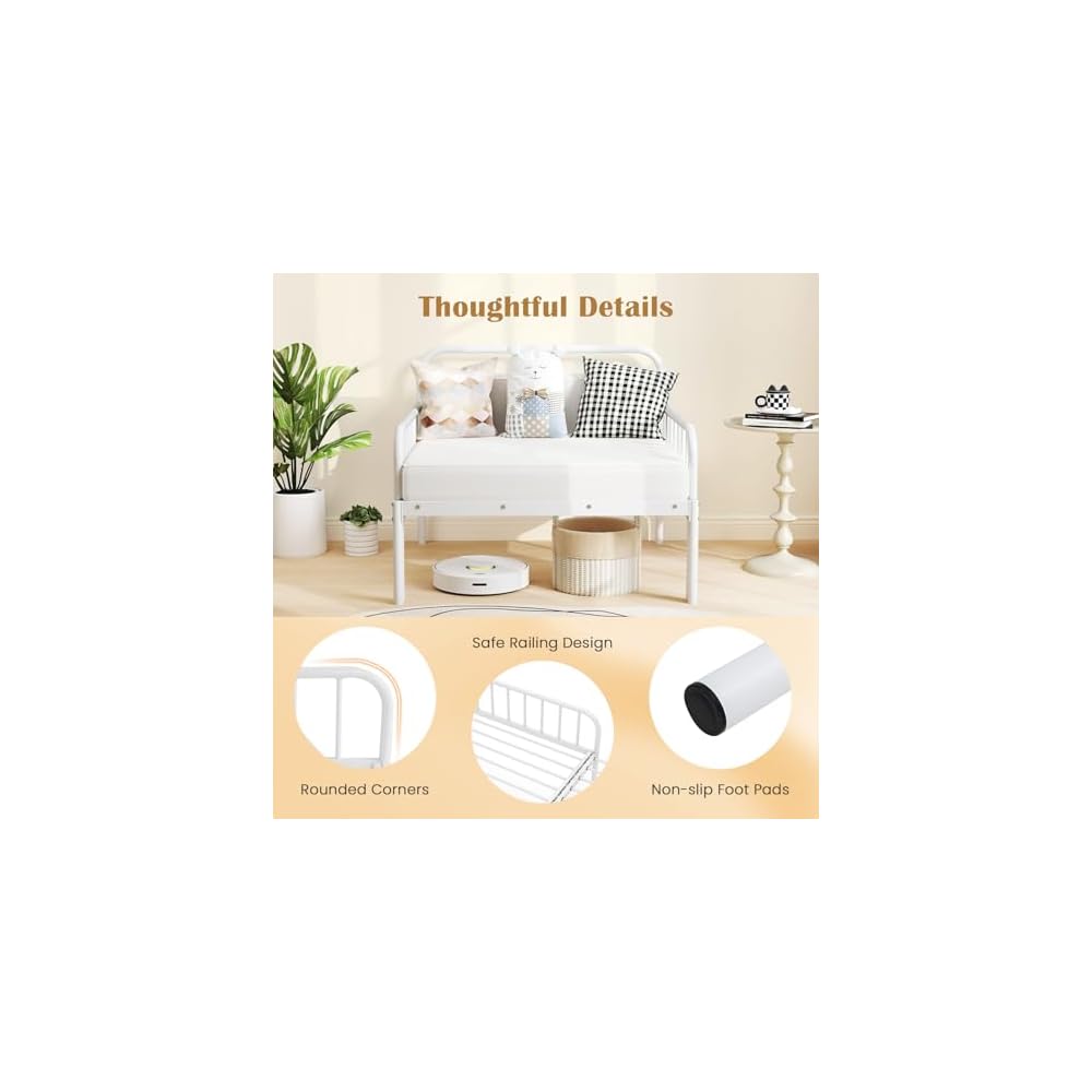 GIANTEX Metal Twin Bed Frame, Convertible Sofa Bed with Headboard & Armrests, Pull-Out Sleeper Chair Bed for Small Spaces Dorm Guest Apartment, Suitable for Folding Sofa Mattress, White