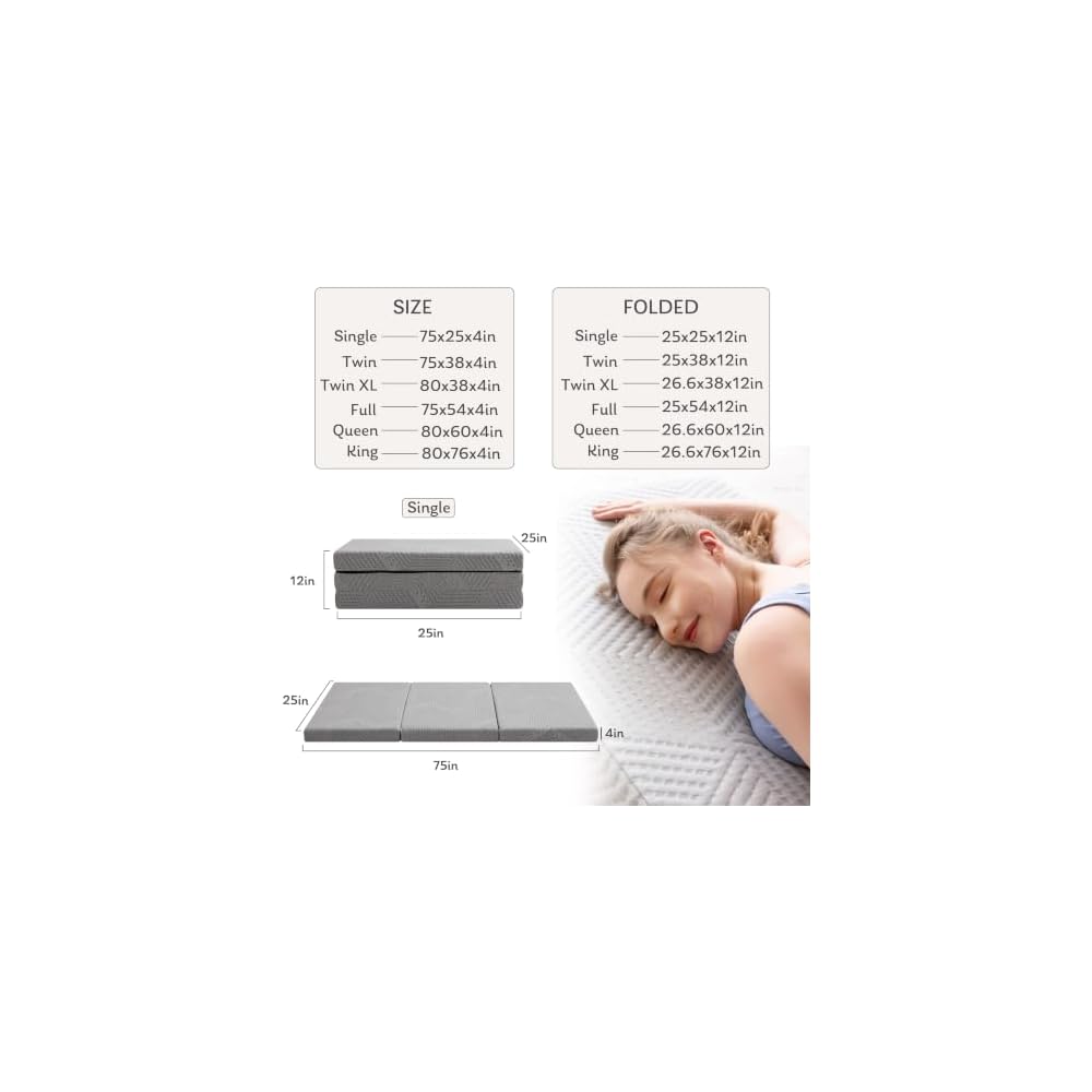 MLILY Single Trifold Mattress, 4 Inch Foldable Gel Memory Foam Mattress