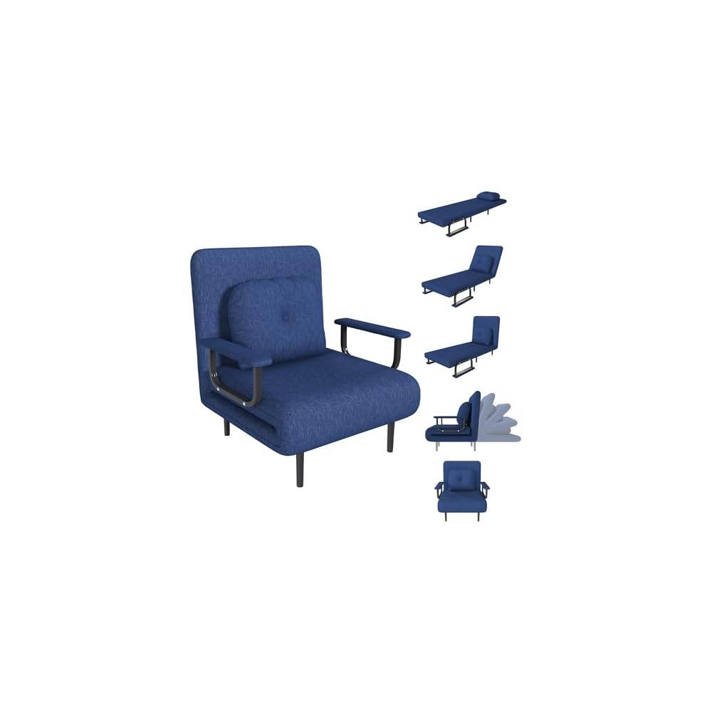 3 in 1 Convertible Sleeper Chair, Folding Futon Chair Bed Sleeper for Adults, Comfy Single Sofa Bed Chairs with 5-Position Adjustable Backrest & Pillow for Small Spaces Living Room Bedroom (Blue)
