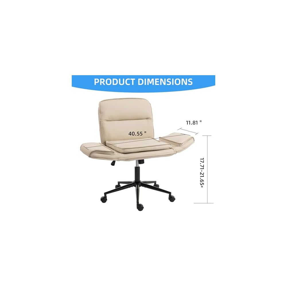 Criss Cross Chair with Armrests & Wheels, PU Leather Vanity Chair, Comfortable Adjustable Swivel Computer Office Desk Chairs for Home, Make Up, Bed Room (PU, Beige)