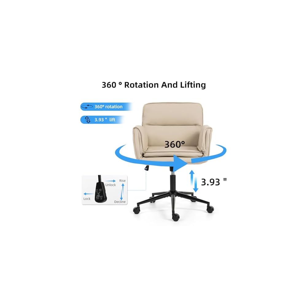 Criss Cross Chair with Armrests & Wheels, PU Leather Vanity Chair, Comfortable Adjustable Swivel Computer Office Desk Chairs for Home, Make Up, Bed Room (PU, Beige)