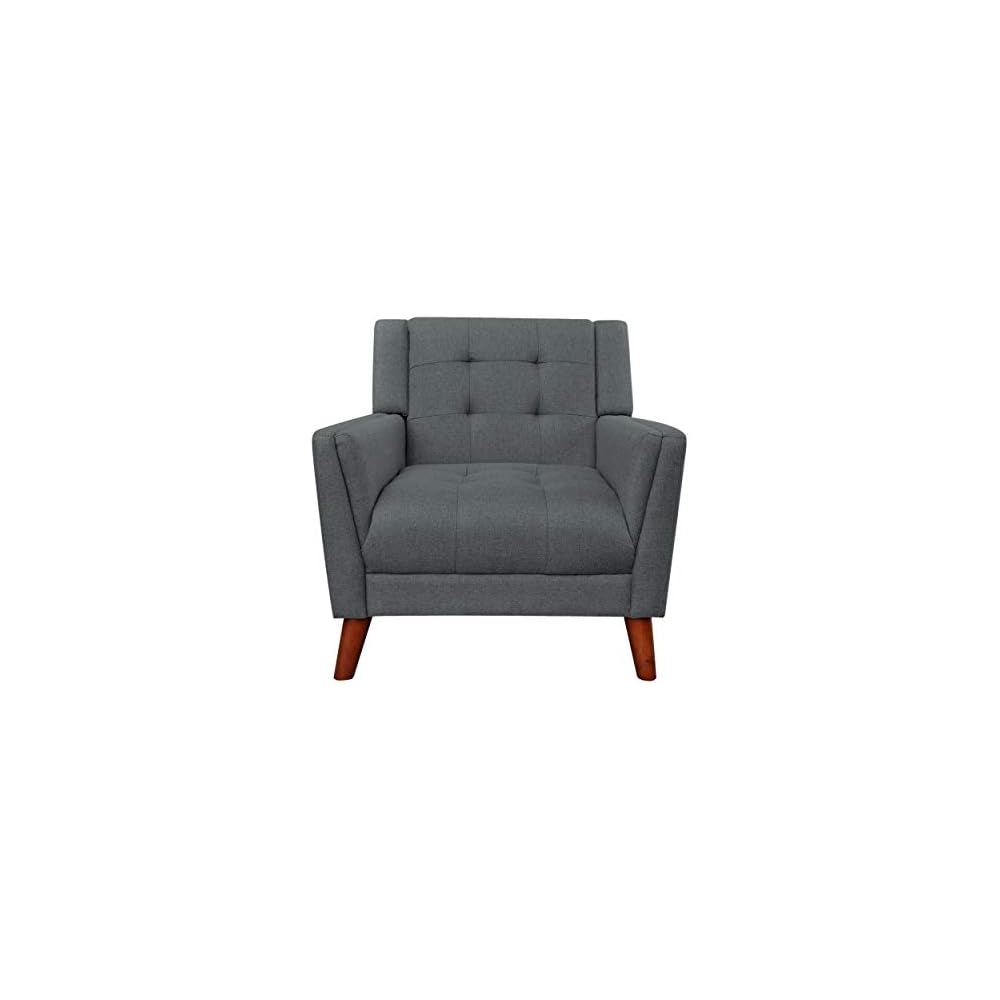 Christopher Knight Home Evelyn Mid Century Modern Fabric Arm Chair, Dark Gray, Walnut & Belle Knitted Cotton Pouf, Yellow