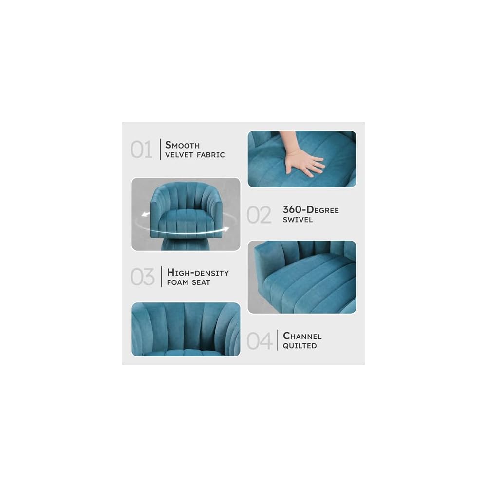 Lexicon Velvet Upholstered Swivel Accent Chair, Channel Stitched, Dark Teal