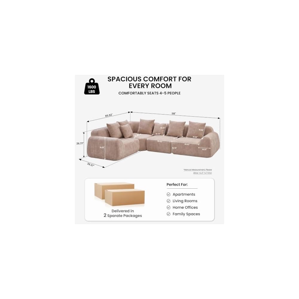 118-Inch Oversized Cloud Sectional Sofa, Velvet Boneless L-Shaped Couch with Curved Chaise, Compression Memory Foam Modular Sofa, No Assembly for Living Room