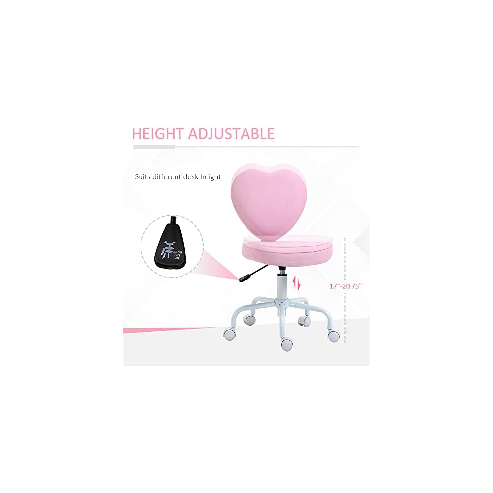 Cute Pink Heart-Shaped Rolling Office Chair - Height Adjustable, 5 Nylon Casters, Comfortable Padded Seat for Home or Dorm Room