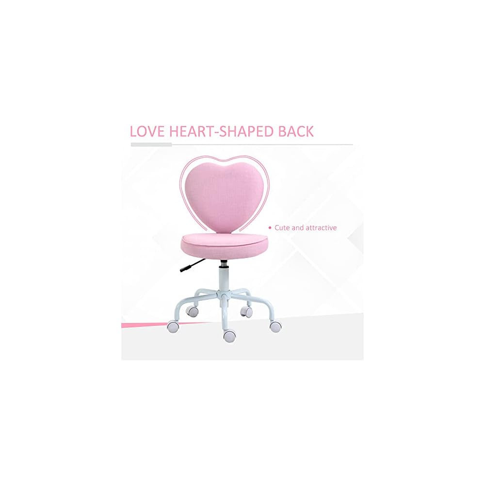 Cute Pink Heart-Shaped Rolling Office Chair - Height Adjustable, 5 Nylon Casters, Comfortable Padded Seat for Home or Dorm Room