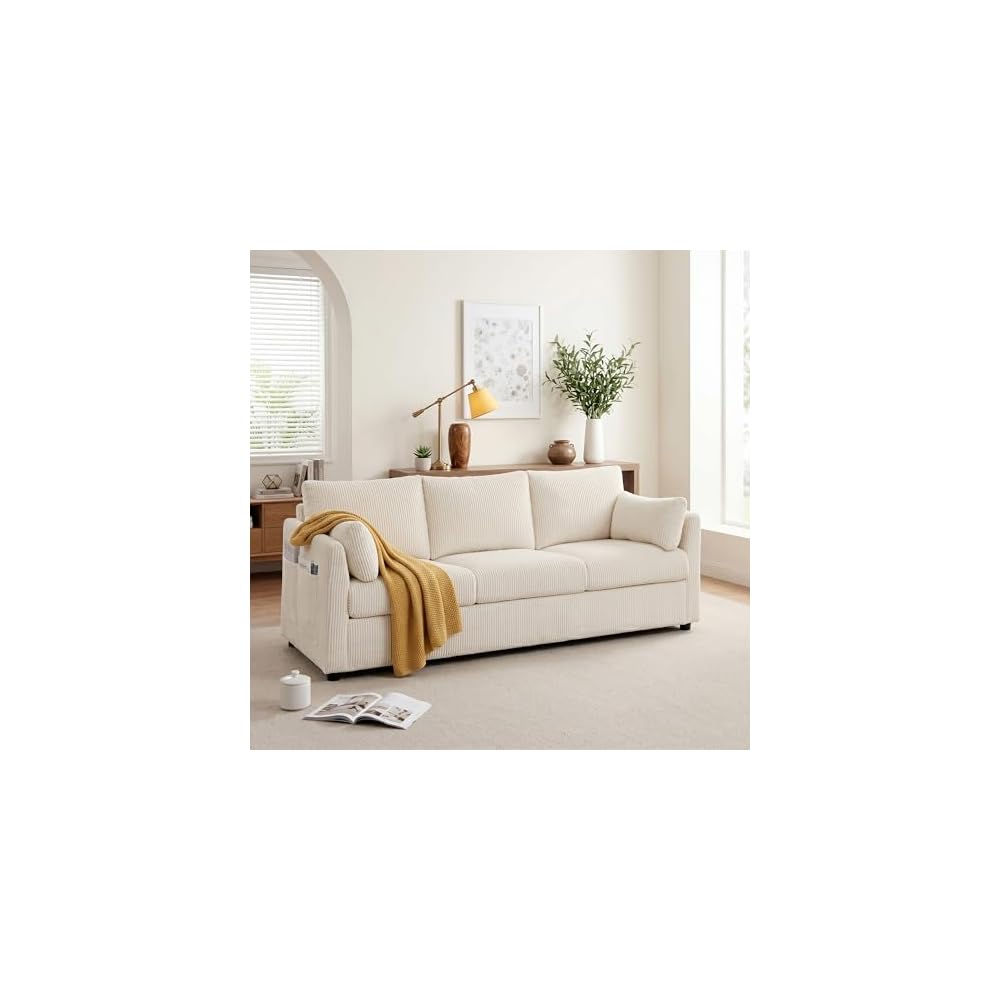 Mofolit 79" Couch Sofa for Living Room,Mid Century Modern Couches with Big Pockets, Corduroy Sofa with Three Cushions and Solid Wood Frame for Apartment and Small Spaces (Beige, Sofa)