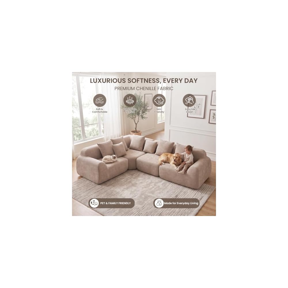 118-Inch Oversized Cloud Sectional Sofa, Velvet Boneless L-Shaped Couch with Curved Chaise, Compression Memory Foam Modular Sofa, No Assembly for Living Room