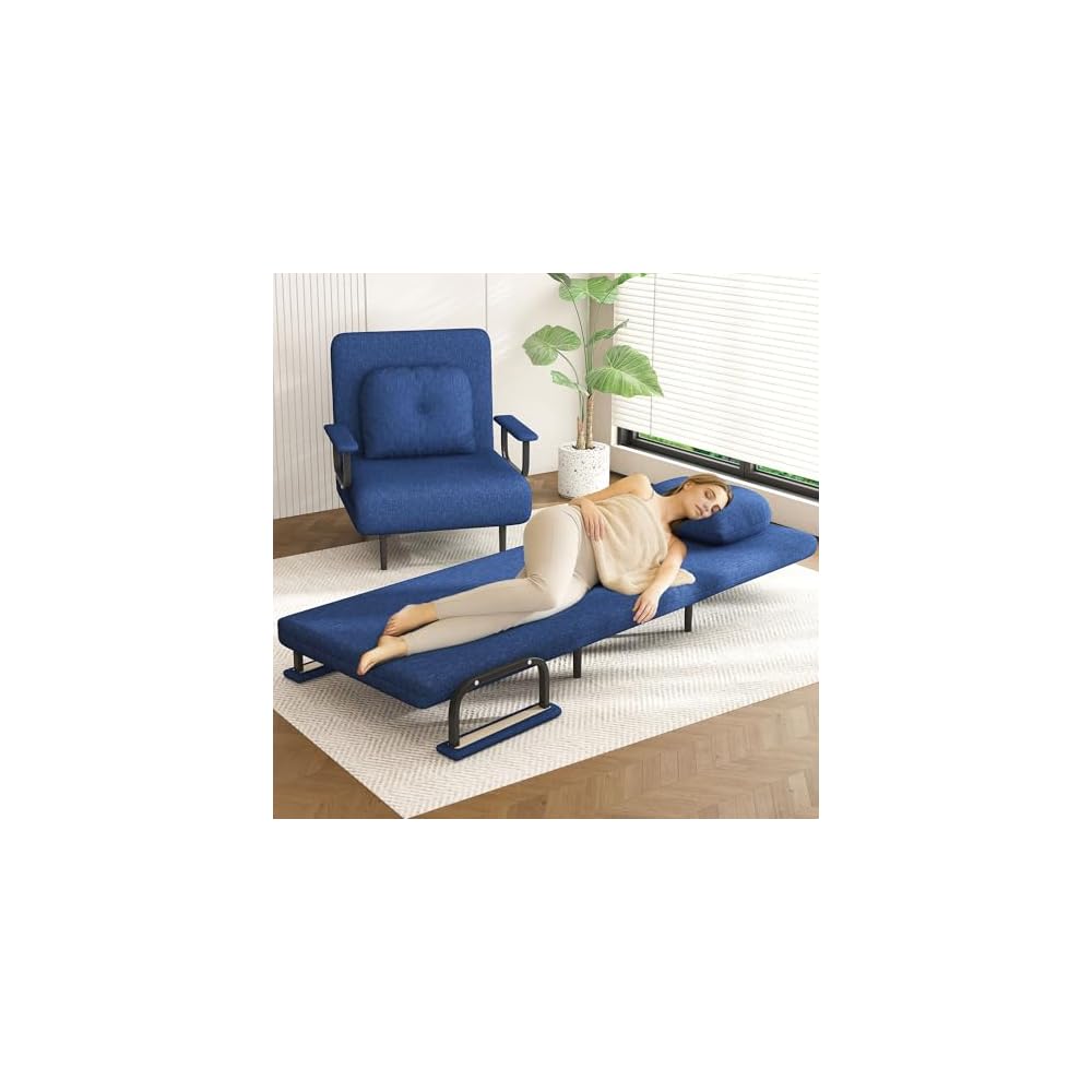 3 in 1 Convertible Sleeper Chair, Folding Futon Chair Bed Sleeper for Adults, Comfy Single Sofa Bed Chairs with 5-Position Adjustable Backrest & Pillow for Small Spaces Living Room Bedroom (Blue)