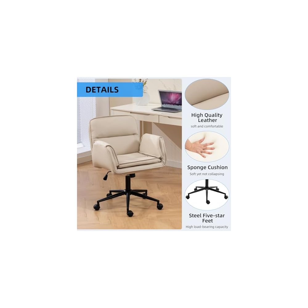 Criss Cross Chair with Armrests & Wheels, PU Leather Vanity Chair, Comfortable Adjustable Swivel Computer Office Desk Chairs for Home, Make Up, Bed Room (PU, Beige)