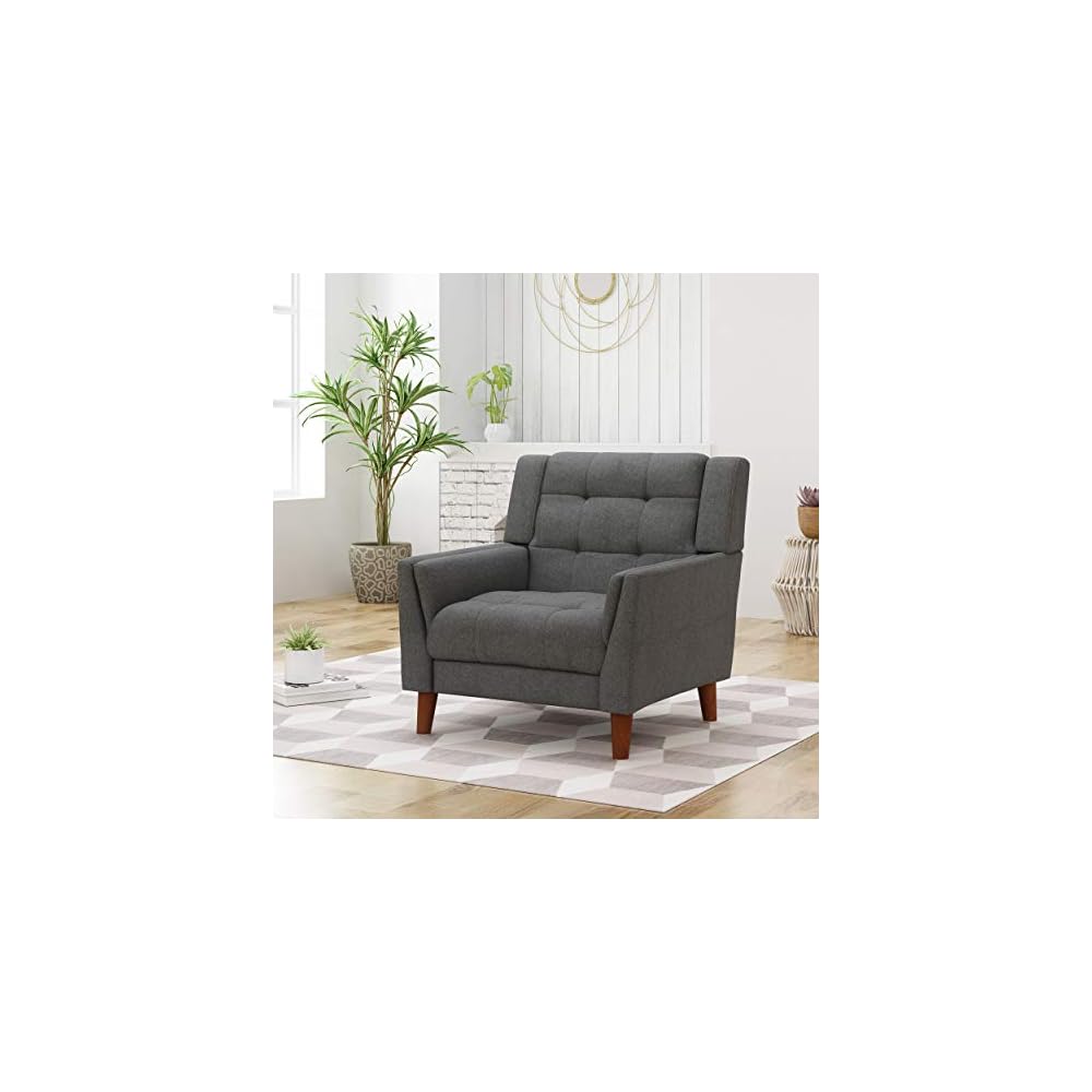 Christopher Knight Home Evelyn Mid Century Modern Fabric Arm Chair, Dark Gray, Walnut & Belle Knitted Cotton Pouf, Yellow