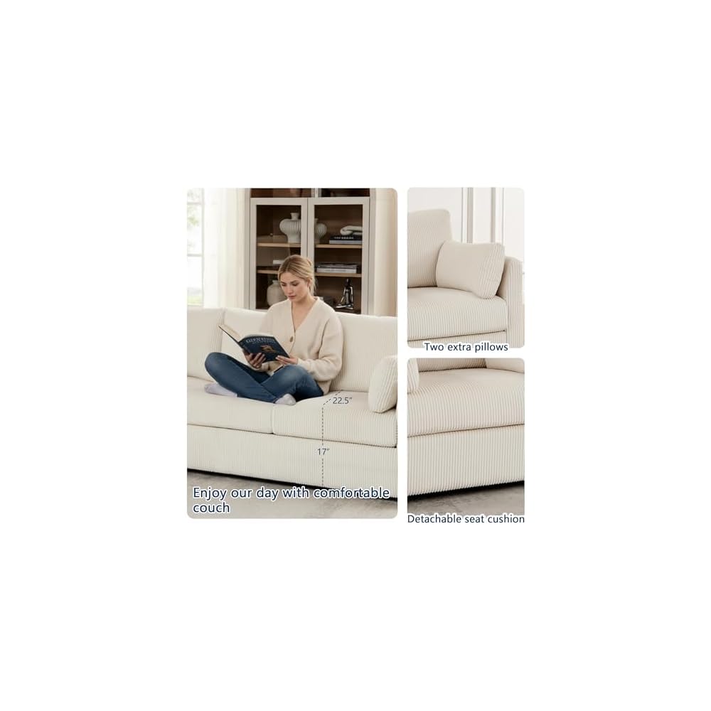 Mofolit 79" Couch Sofa for Living Room,Mid Century Modern Couches with Big Pockets, Corduroy Sofa with Three Cushions and Solid Wood Frame for Apartment and Small Spaces (Beige, Sofa)