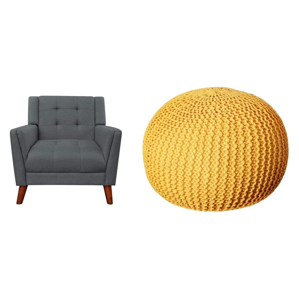 Christopher Knight Home Evelyn Mid Century Modern Fabric Arm Chair, Dark Gray, Walnut & Belle Knitted Cotton Pouf, Yellow