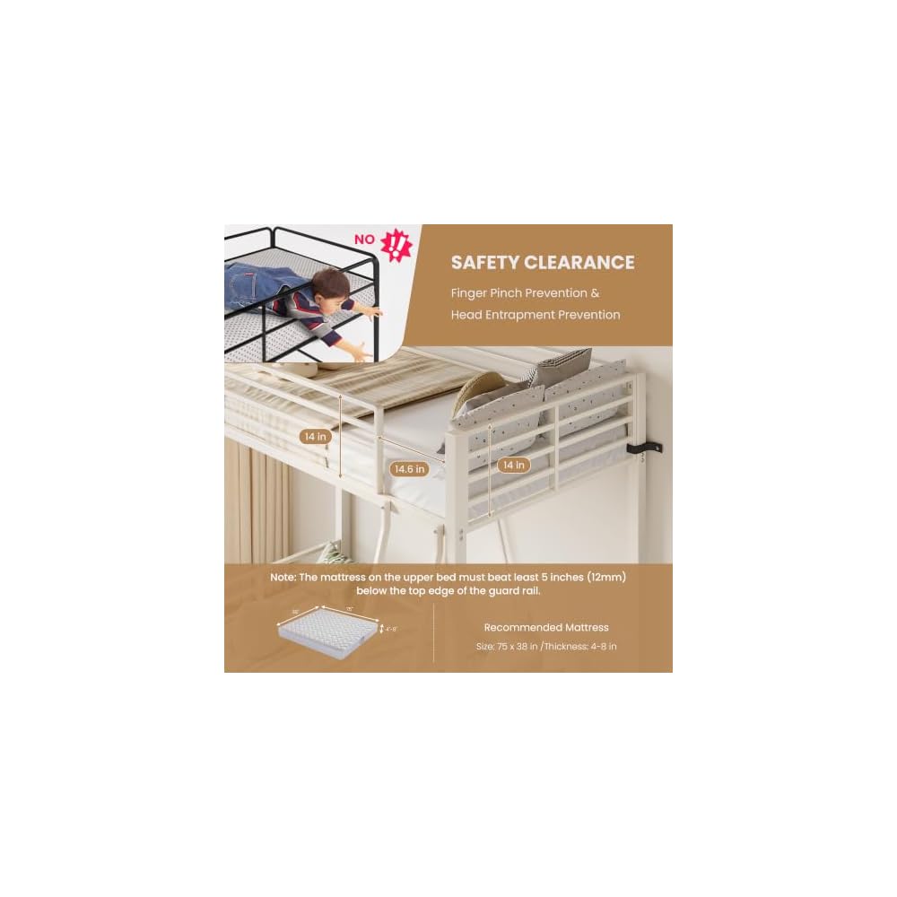SHA CERLIN Bunk Bed Twin Over Twin Size, CPC Safety Certified, White