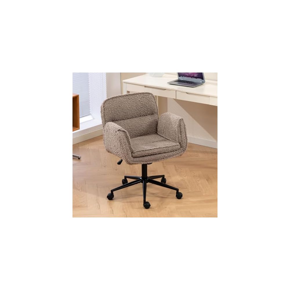 Criss Cross Chair with Armrests & Wheels, PU Leather Vanity Chair, Comfortable Adjustable Swivel Computer Office Desk Chairs for Home, Make Up, Bed Room (PU, Beige)