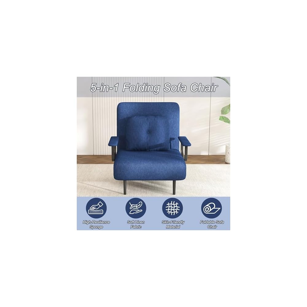 3 in 1 Convertible Sleeper Chair, Folding Futon Chair Bed Sleeper for Adults, Comfy Single Sofa Bed Chairs with 5-Position Adjustable Backrest & Pillow for Small Spaces Living Room Bedroom (Blue)