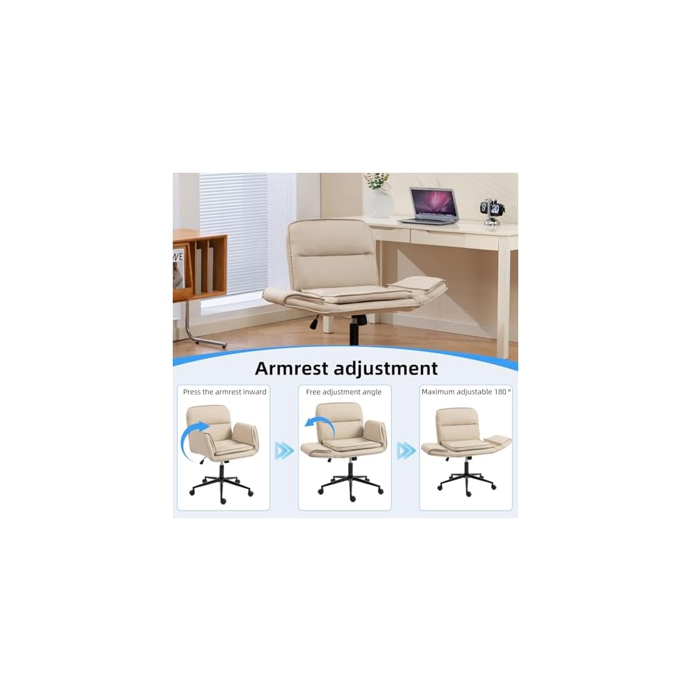 Criss Cross Chair with Armrests & Wheels, PU Leather Vanity Chair, Comfortable Adjustable Swivel Computer Office Desk Chairs for Home, Make Up, Bed Room (PU, Beige)