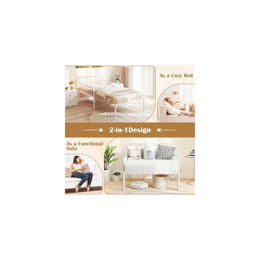 GIANTEX Metal Twin Bed Frame, Convertible Sofa Bed with Headboard & Armrests, Pull-Out Sleeper Chair Bed for Small Spaces Dorm Guest Apartment, Suitable for Folding Sofa Mattress, White