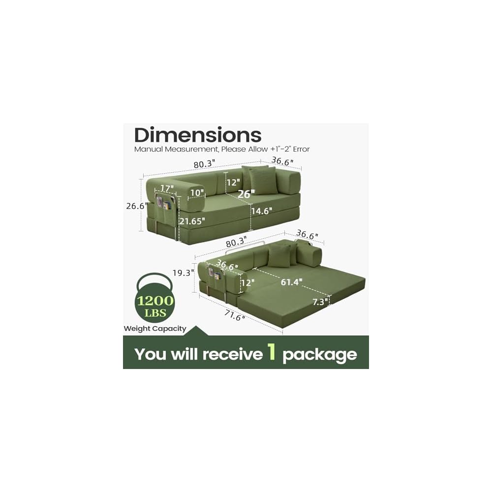 Convertible Sleeper Sofa Bed Corduroy Upholstered Modular Floor Couch Queen/King Size Foldable Futon with futon Memory Foam for Apartment Living Room Bedroom