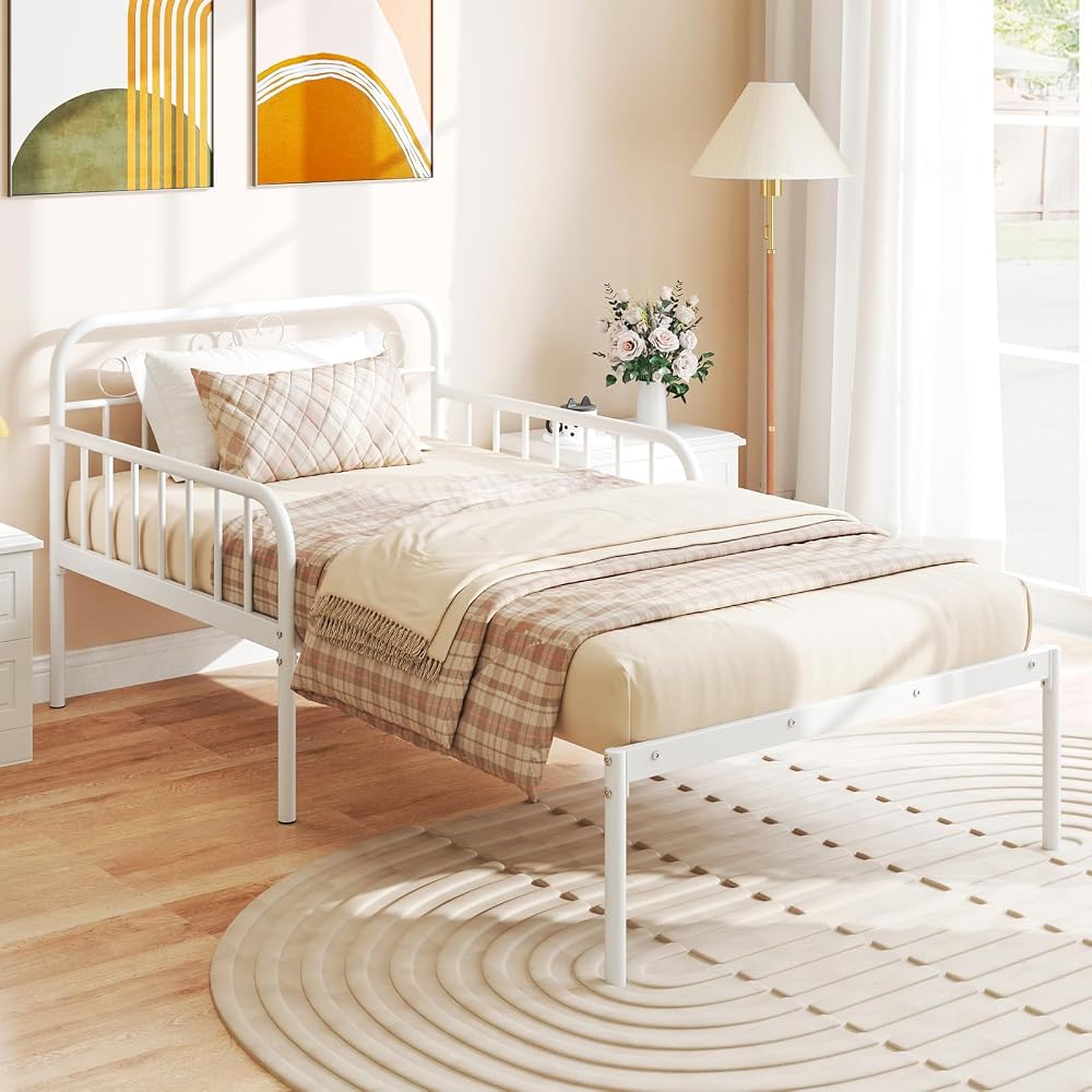 GIANTEX Metal Twin Bed Frame, Convertible Sofa Bed with Headboard & Armrests, Pull-Out Sleeper Chair Bed for Small Spaces Dorm Guest Apartment, Suitable for Folding Sofa Mattress, White