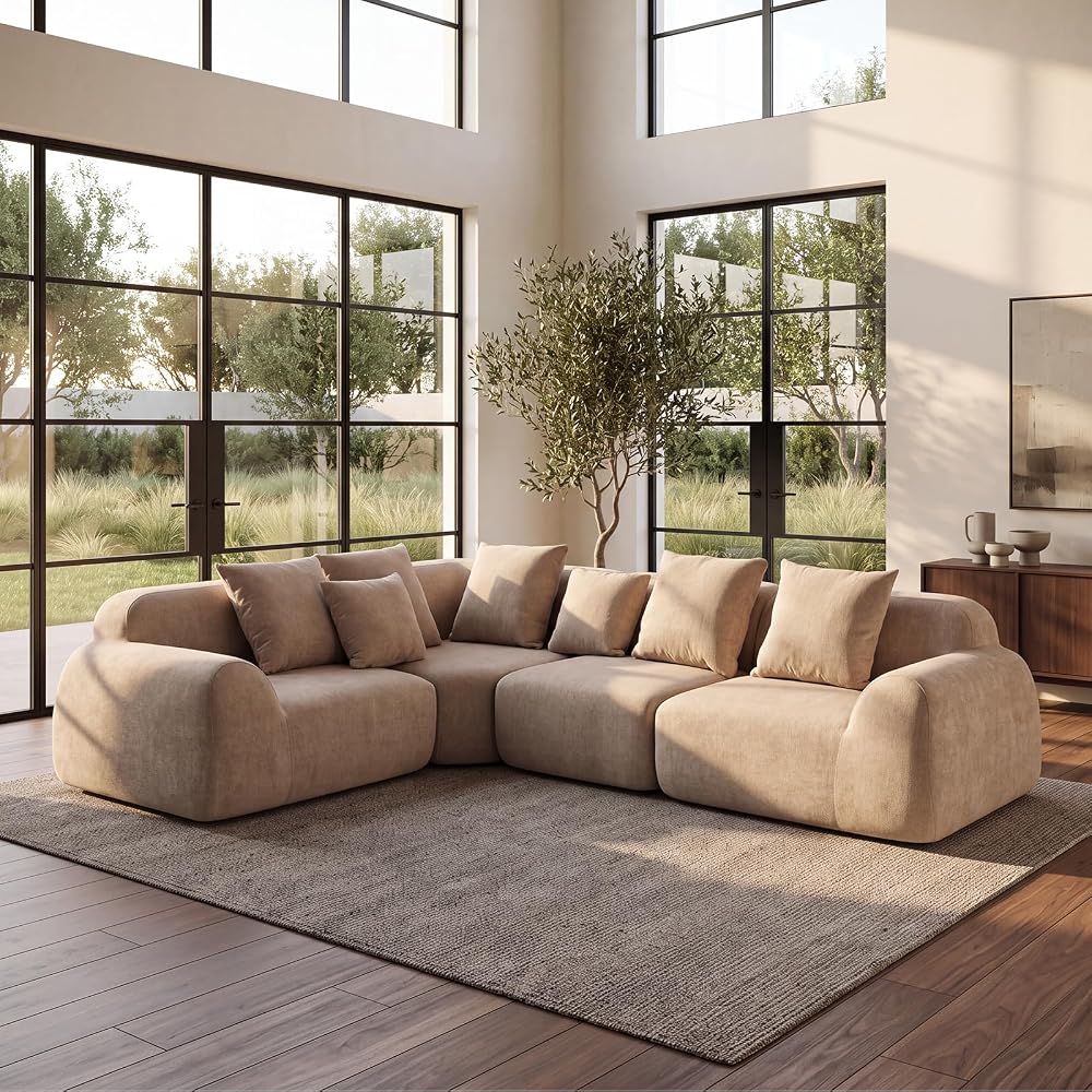 118-Inch Oversized Cloud Sectional Sofa, Velvet Boneless L-Shaped Couch with Curved Chaise, Compression Memory Foam Modular Sofa, No Assembly for Living Room