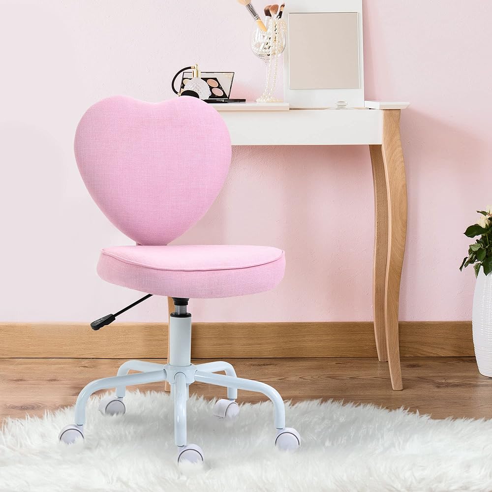 Cute Pink Heart-Shaped Rolling Office Chair - Height Adjustable, 5 Nylon Casters, Comfortable Padded Seat for Home or Dorm Room