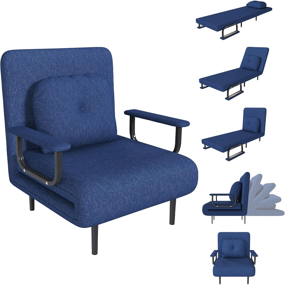 3 in 1 Convertible Sleeper Chair, Folding Futon Chair Bed Sleeper for Adults, Comfy Single Sofa Bed Chairs with 5-Position Adjustable Backrest & Pillow for Small Spaces Living Room Bedroom (Blue)