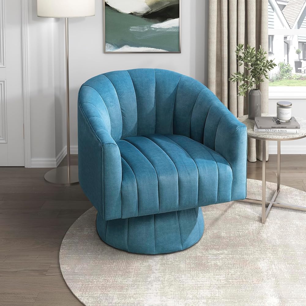 Lexicon Velvet Upholstered Swivel Accent Chair, Channel Stitched, Dark Teal