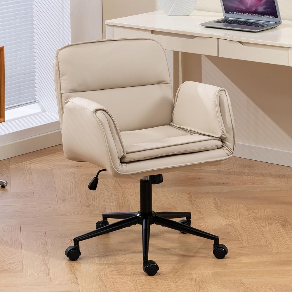Criss Cross Chair with Armrests & Wheels, PU Leather Vanity Chair, Comfortable Adjustable Swivel Computer Office Desk Chairs for Home, Make Up, Bed Room (PU, Beige)