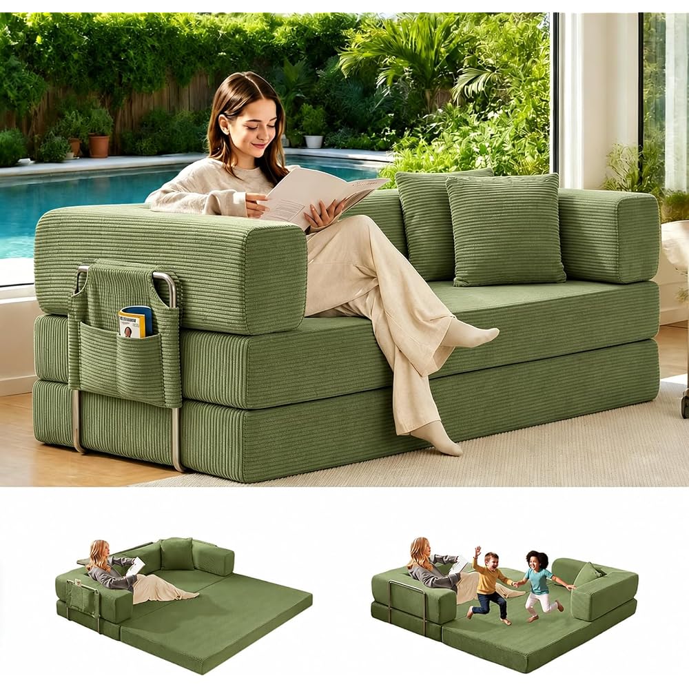 Convertible Sleeper Sofa Bed Corduroy Upholstered Modular Floor Couch Queen/King Size Foldable Futon with futon Memory Foam for Apartment Living Room Bedroom