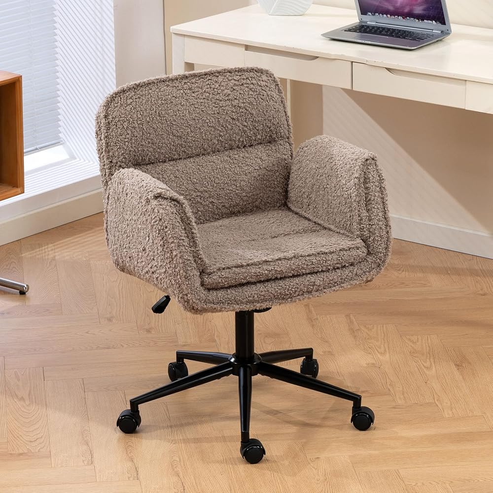 Criss Cross Chair with Armrests & Wheels, PU Leather Vanity Chair, Comfortable Adjustable Swivel Computer Office Desk Chairs for Home, Make Up, Bed Room (PU, Beige)